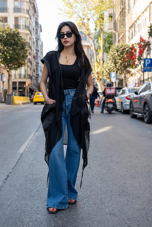 Kadın Tasarım Cepli Sataen File Yelek