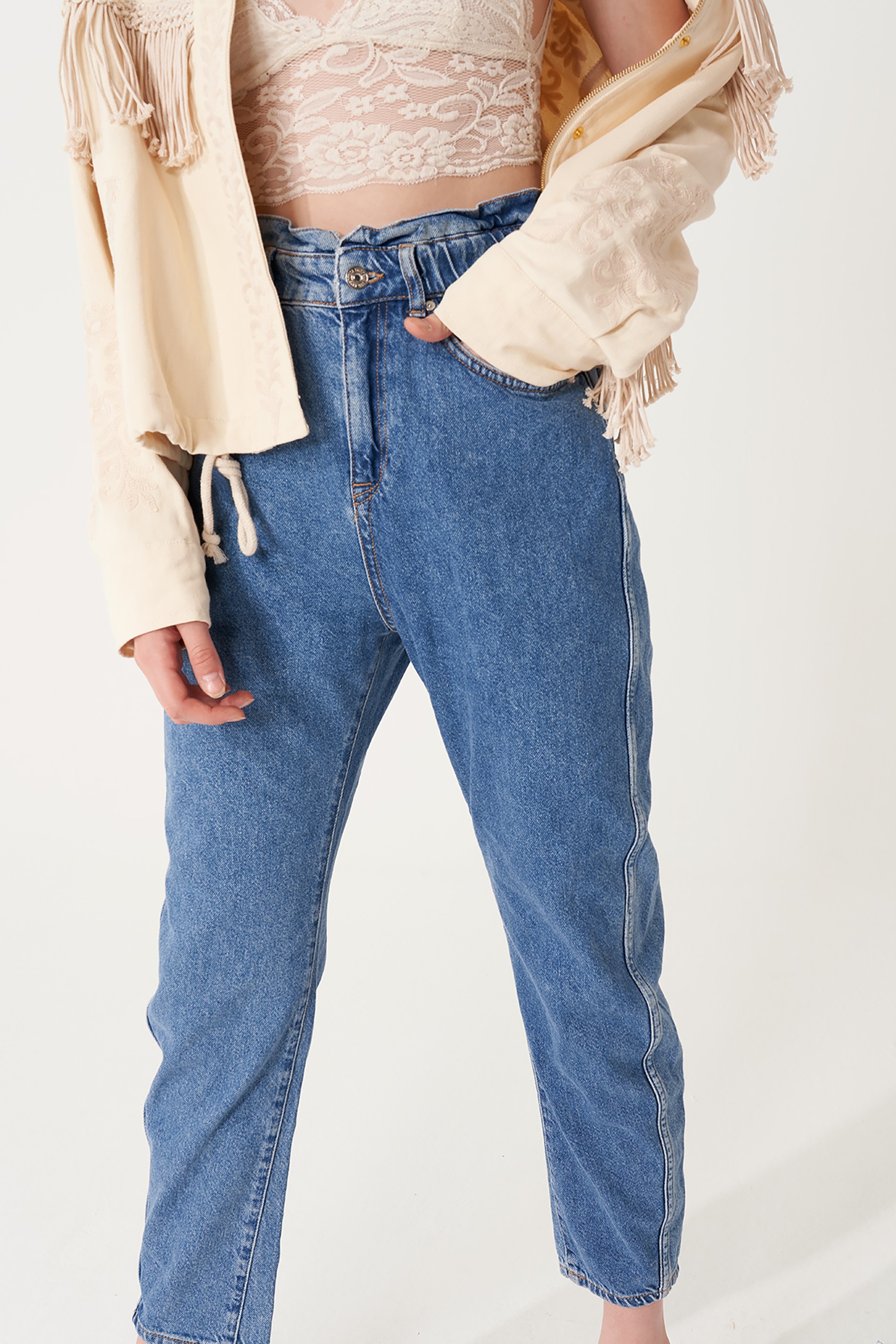 Straight Cut Elastic Waist Jean Trousers