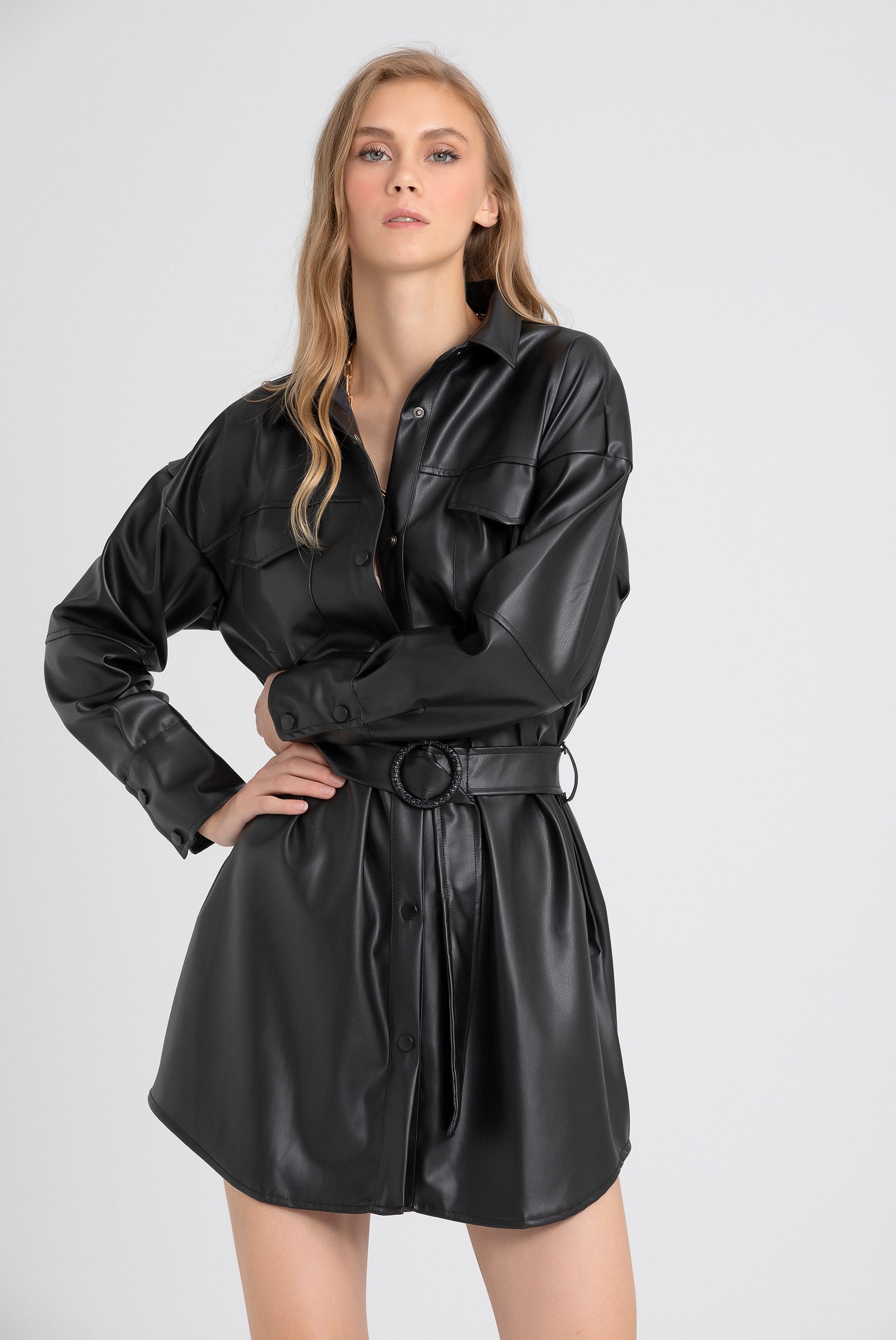Faux Leather Shirt with Belt