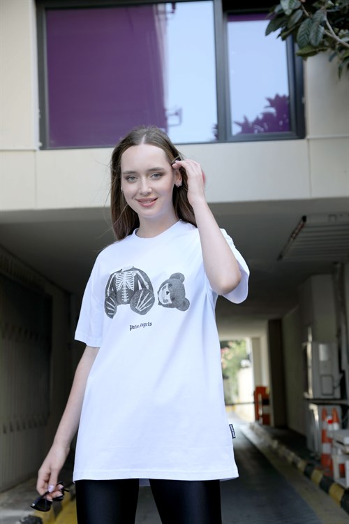 Kadın Özel Tasarım İskelet  Ayıcık Baskılı Tshirt