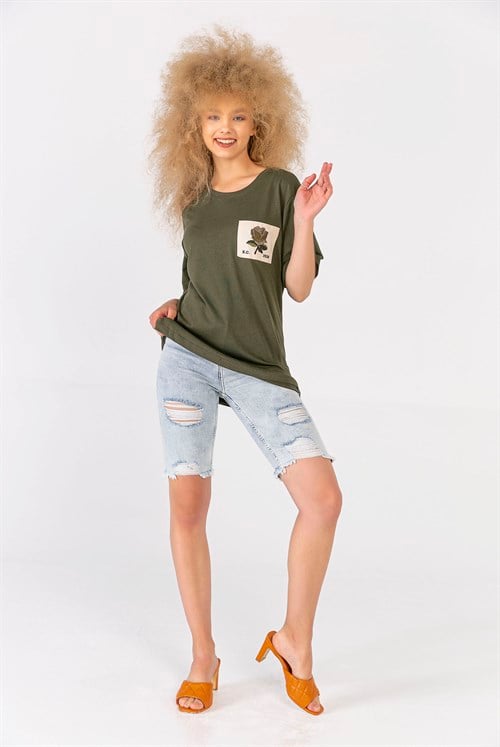 Melanj Gül Yamalı T-Shirt