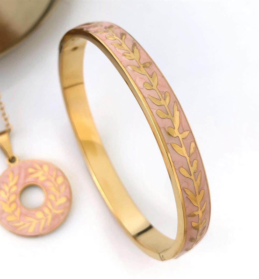 SEDEFLİ TOZ PEMBE MİNELİ GOLD ÇELİK KOLYE VE KELEPÇE 