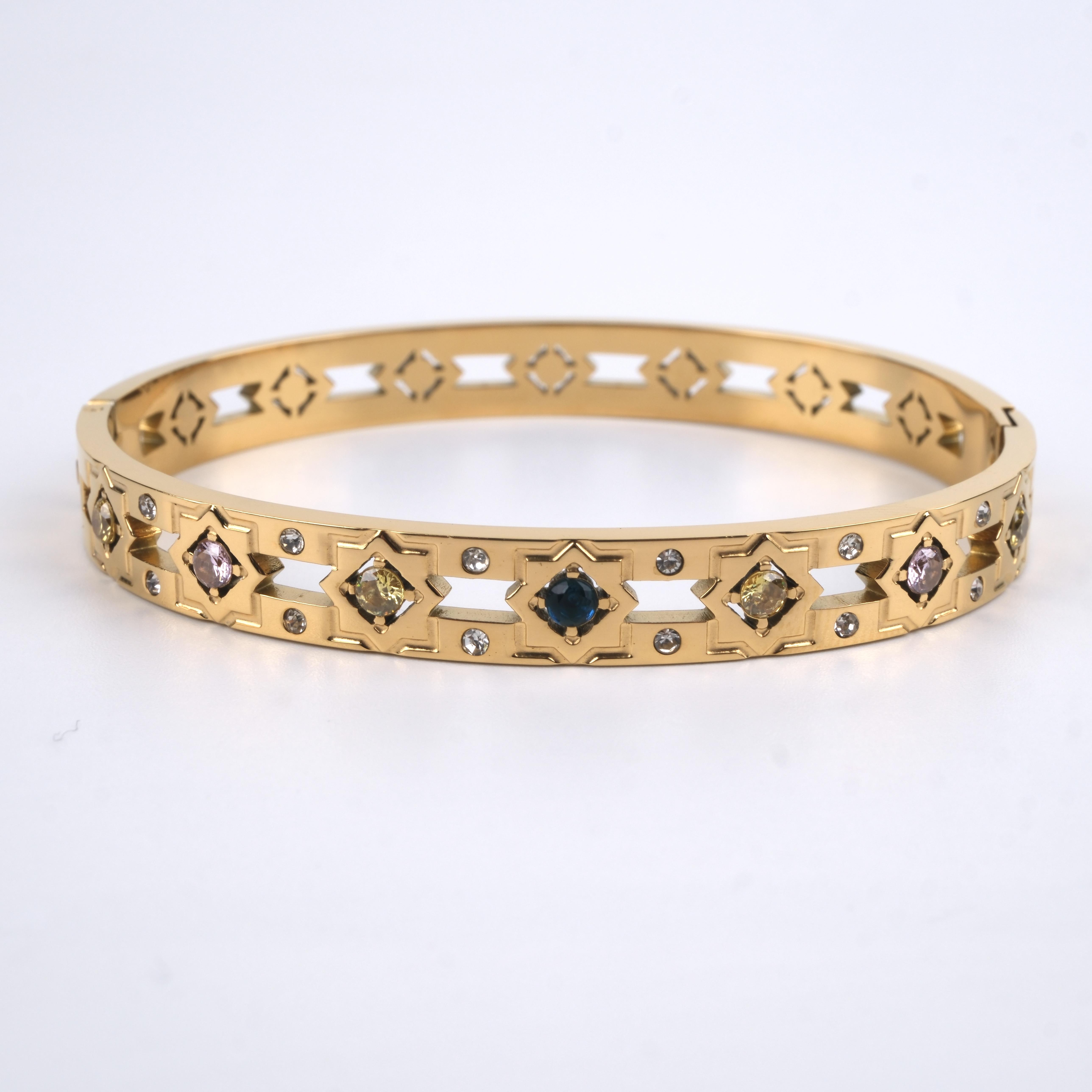 Toptan RENKLİ TAŞLI GOLD ÇELİK BİLEZİK
