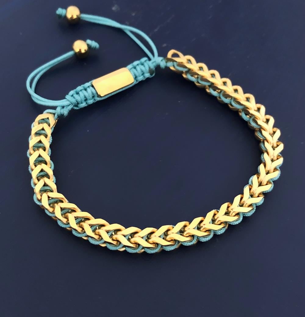 TURKUAZ İP ÖRGÜLÜ AYARLI GOLD ÇELİK BİLEKLİK