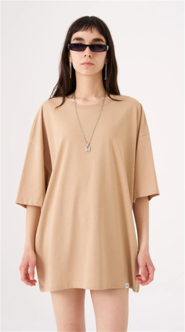 Kadın Basic Pamuklu Süprem Oversize Bej Tişört