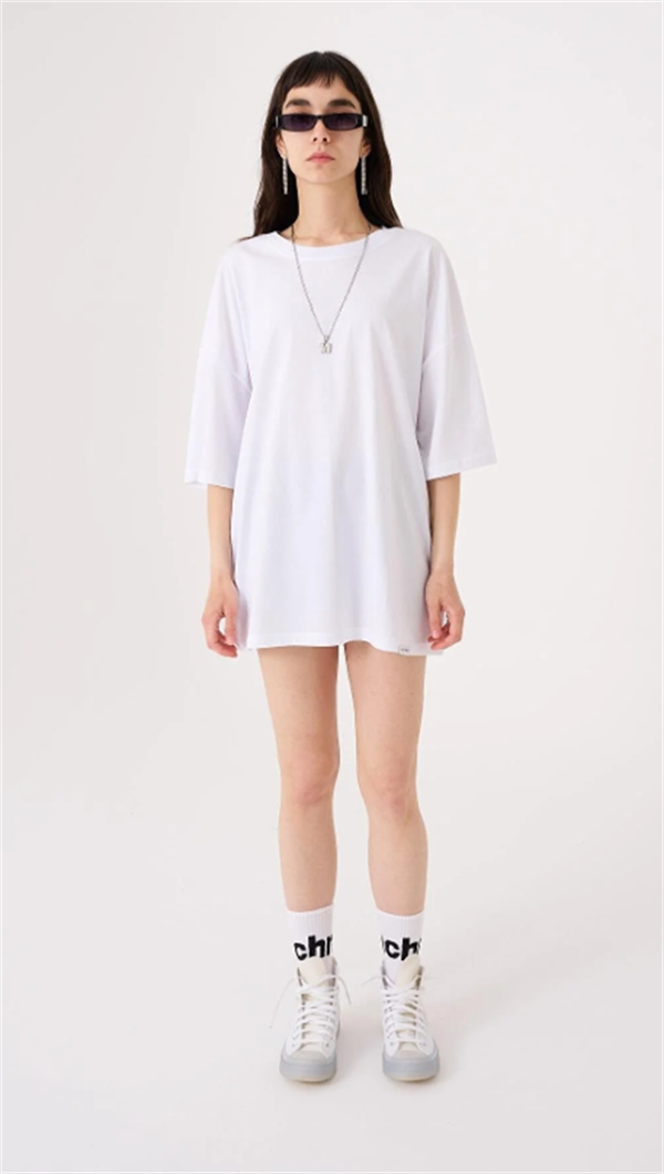 Kadın Basic Pamuklu Süprem Oversize Beyaz Tişört