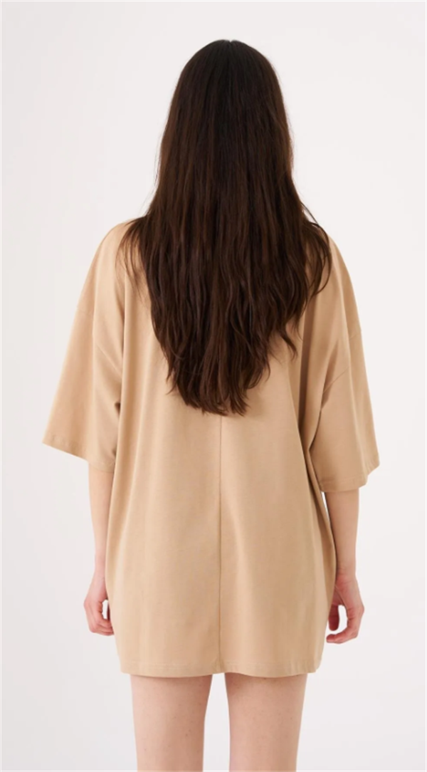 Kadın Basic Pamuklu Süprem Oversize Bej Tişört