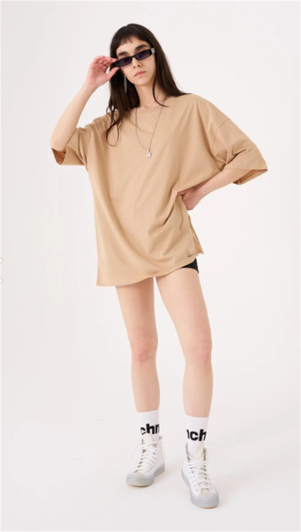 Kadın Basic Pamuklu Süprem Oversize Bej Tişört