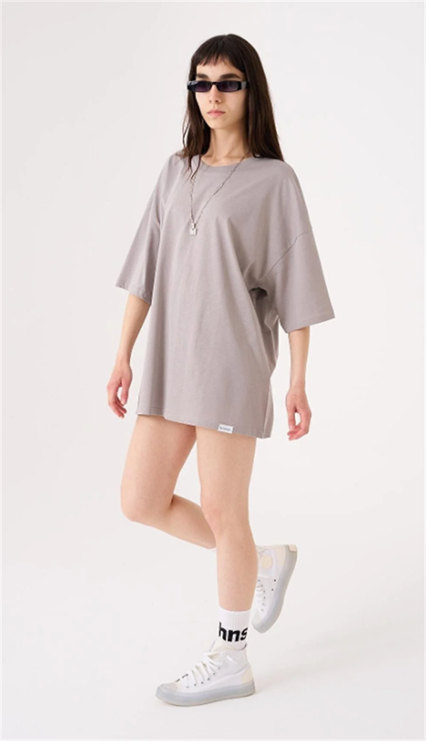 Kadın Basic Pamuklu Süprem Oversize Gri Tişört