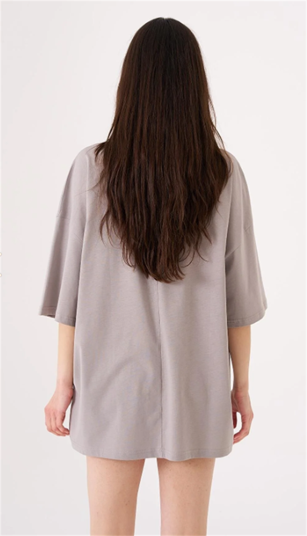Kadın Basic Pamuklu Süprem Oversize Gri Tişört