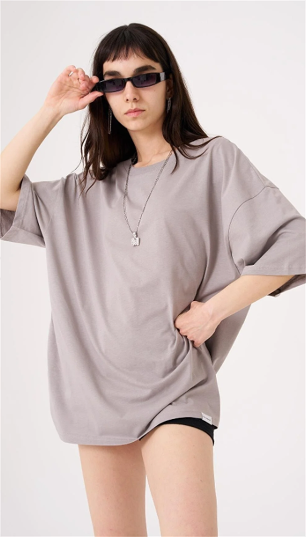Kadın Basic Pamuklu Süprem Oversize Gri Tişört