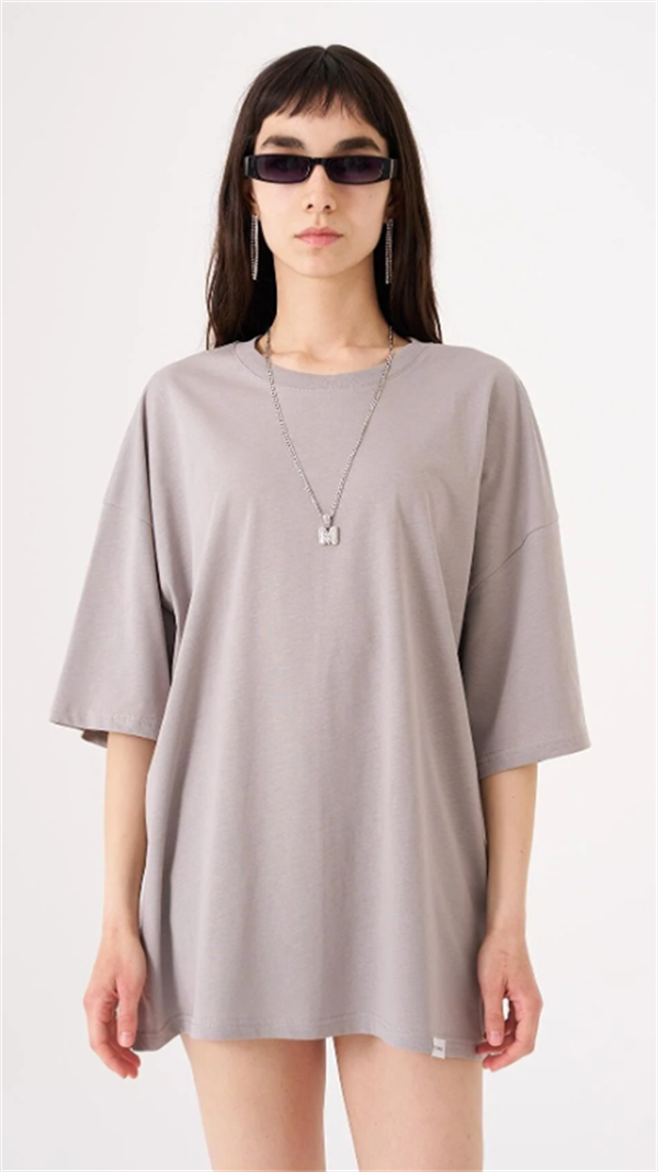 Kadın Basic Pamuklu Süprem Oversize Gri Tişört