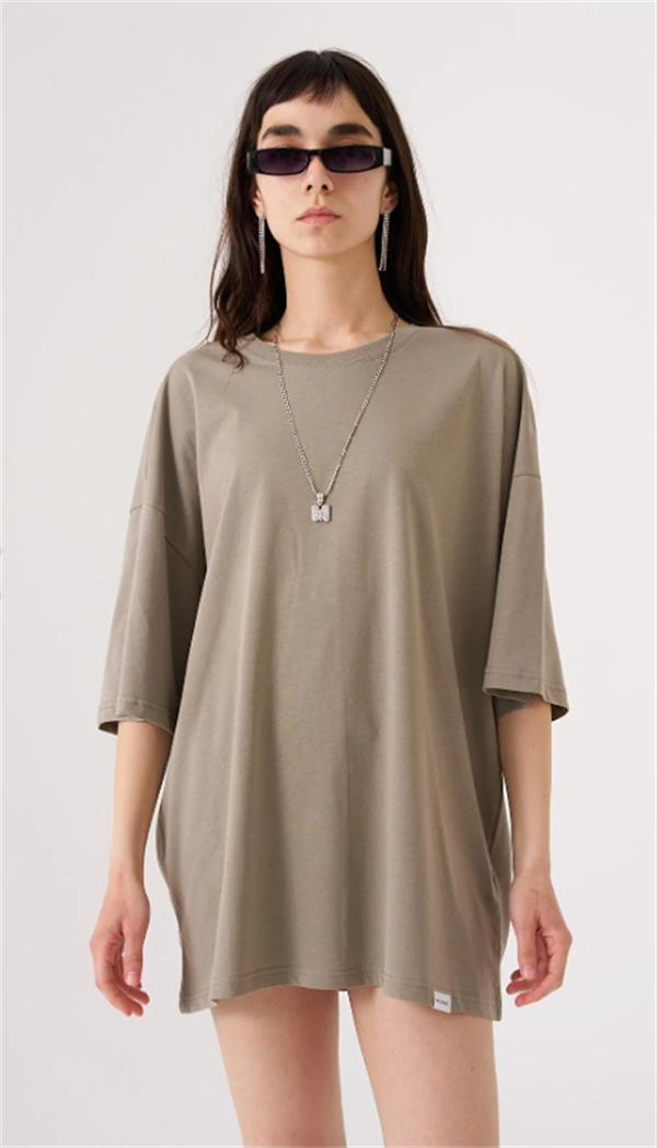 Kadın Basic Pamuklu Süprem Oversize Haki Tişört