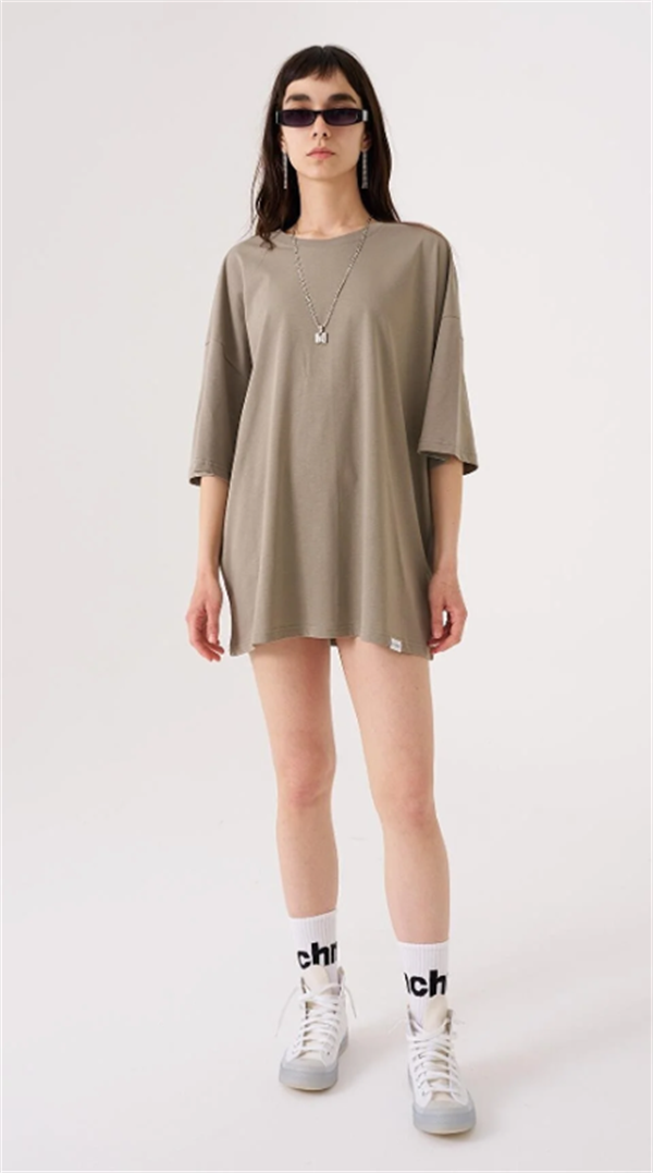 Kadın Basic Pamuklu Süprem Oversize Haki Tişört