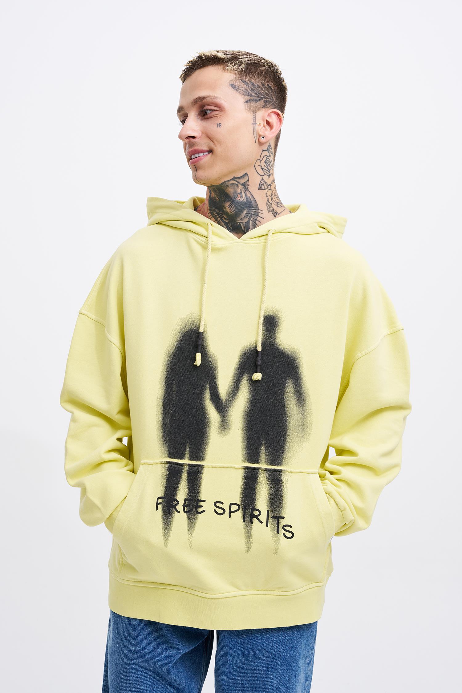 Erkek Free Sprit Yıkamalı Oversize Sarı Sweatshirt Machinist