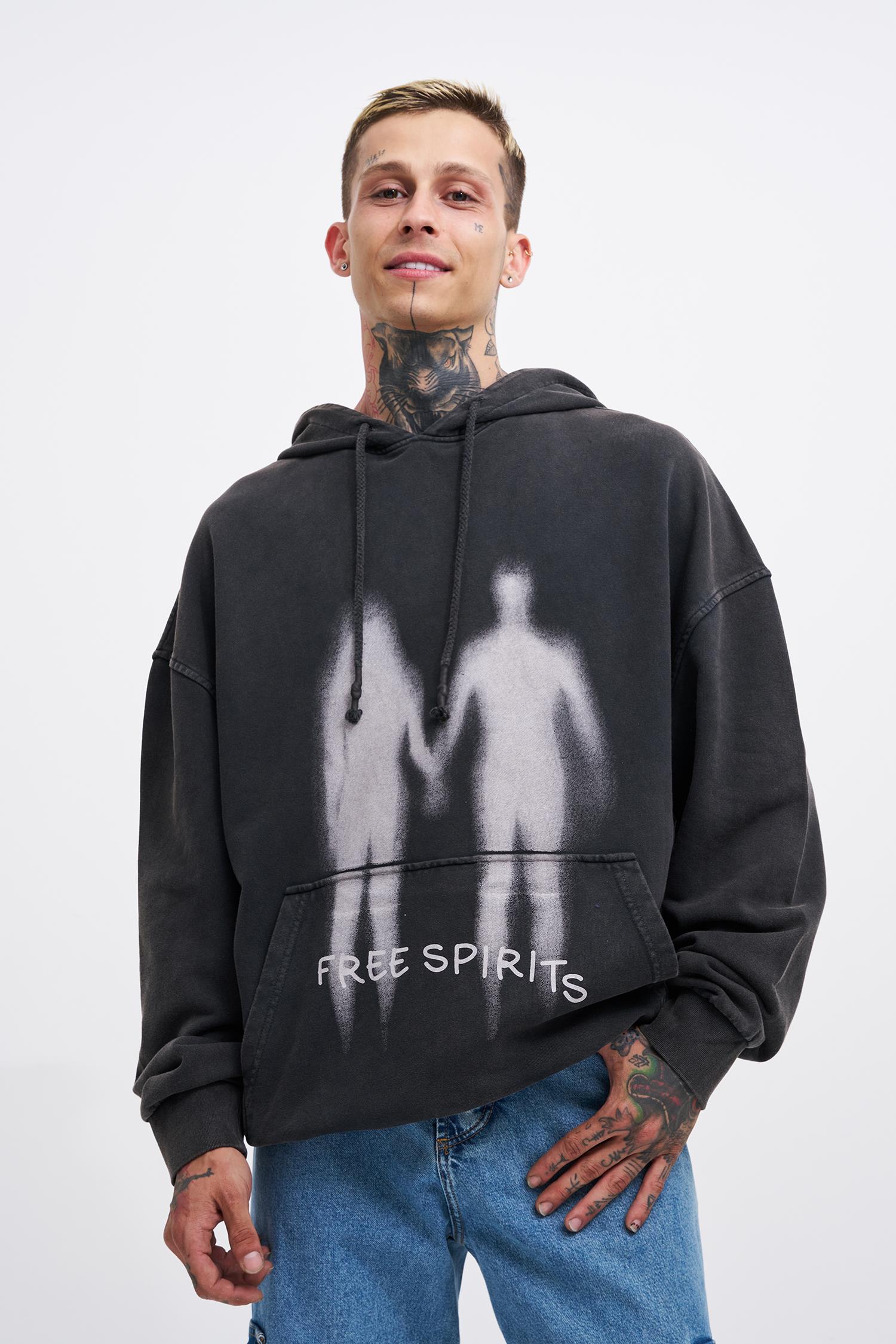 Erkek Free Sprit Yıkamalı Oversize Siyah Sweatshirt Machinist