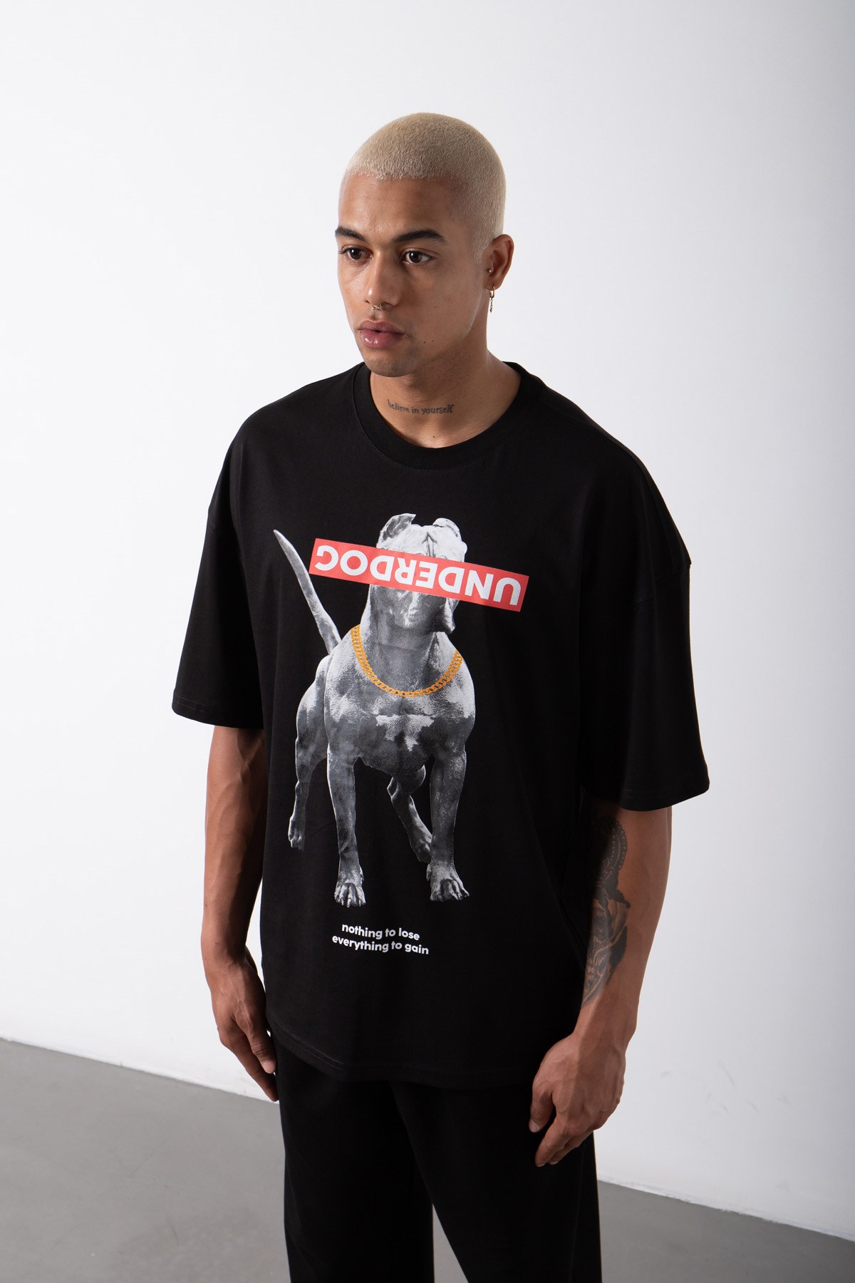 Oversize Underdog Printed Cotton T-Shirt Black