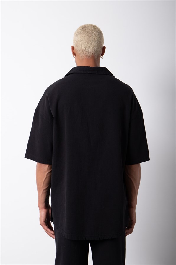 Oversize Short Arm Linen Shirt Black