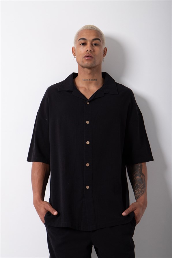 Oversize Short Arm Linen Shirt Black