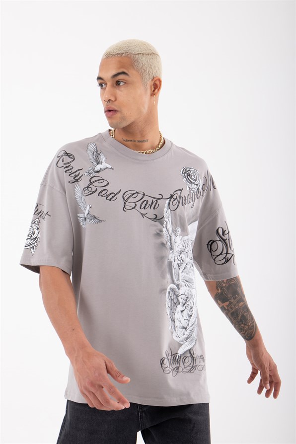 Oversize Stay Strong Printed Cotton T-Shirt Ice Grey