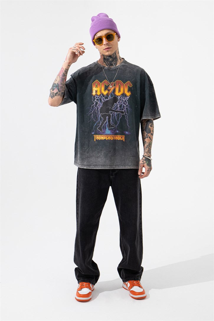 Oversize AC/DC Printed Wahsed Cotton T-Shirt Black