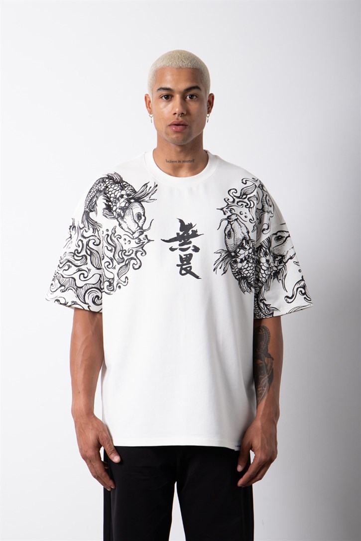 Oversize Yakuza Printed Organic Cotton T-Shirt Ecru