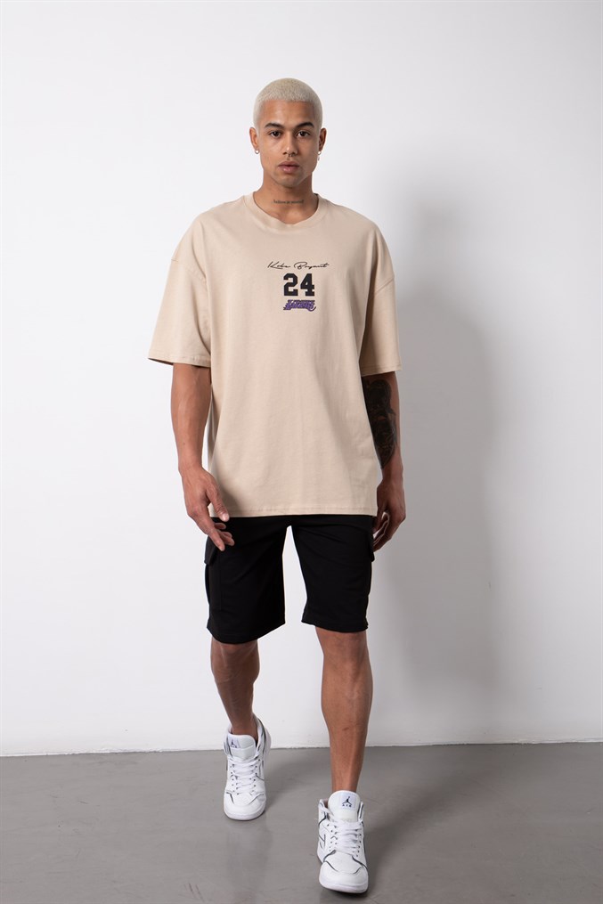 Oversize Kobe Bryant 24 Baskılı Pamuklu T-Shirt BEJ | Machinist