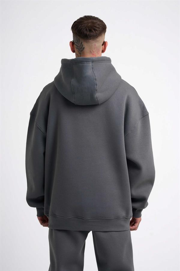 Erkek Oversize Basic Kapüşonlu Sweatshirt SMOKED