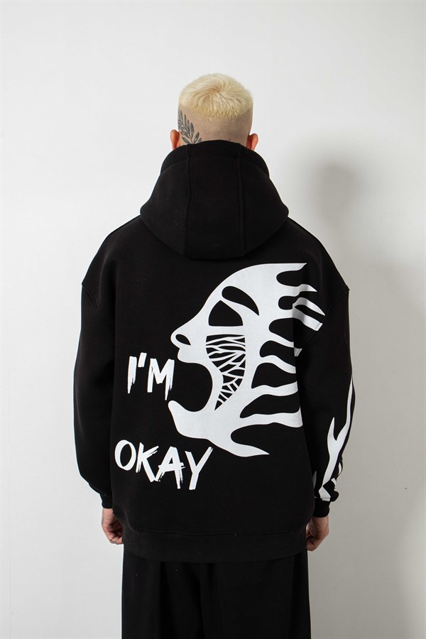 Oversize I'm Okay Printed Hoodie Sweatshirt Black
