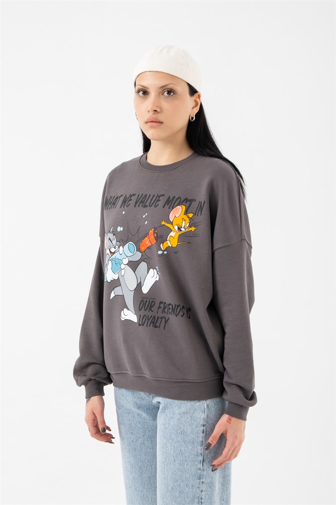 Oversize Tom ve Jerry Şardonsuz Füme Kadın Sweatshirt | Machinist