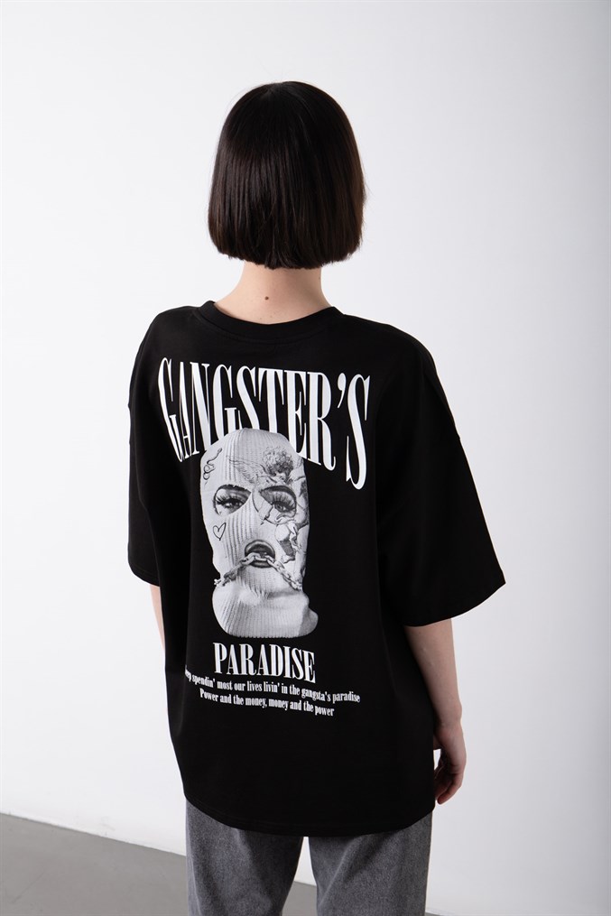 Kadın Oversize Gangster's Baskılı Pamuklu T-Shirt SİYAH | Machinist