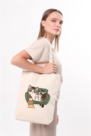 Kanvas Cips Yiyen Kedi Bez Çanta C1616