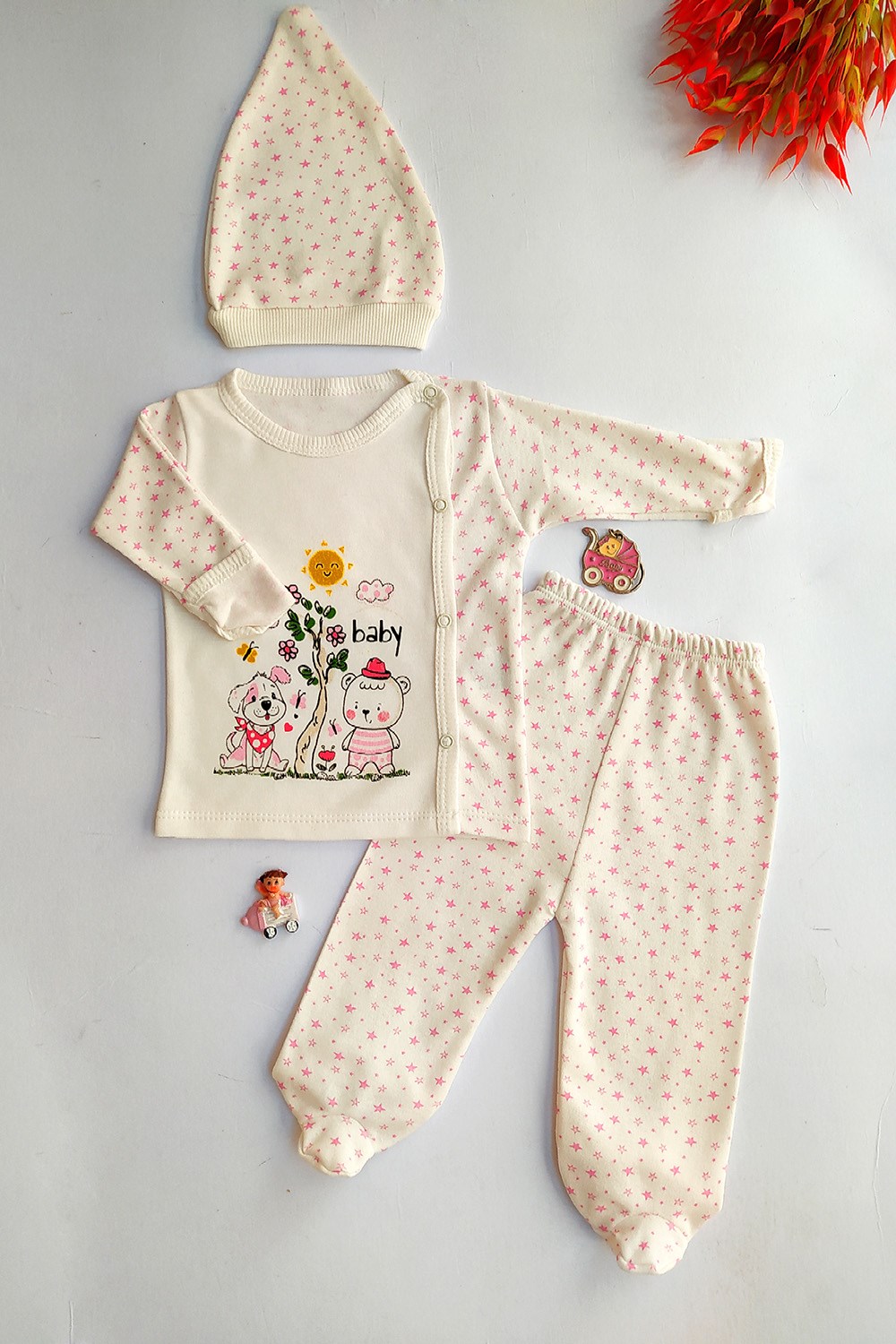Baby Baskılı Pembe Desen Erkek Bebek 3'lü Takım