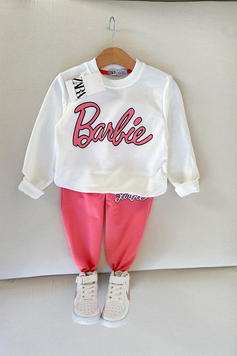 Barbie Baskılı Çocuk Eşofman Takımı Beyaz Pembe