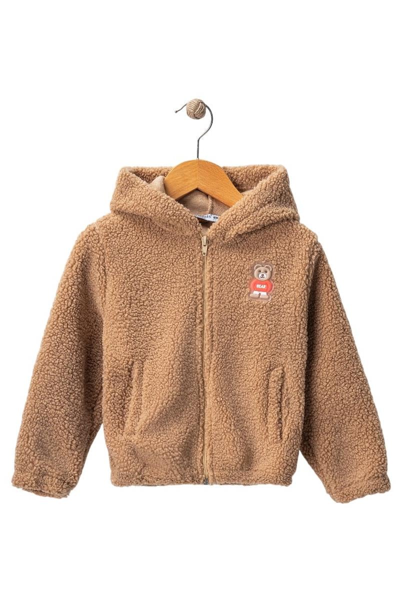 Bear Baskılı Çocuk Peluş Ceket Kahve