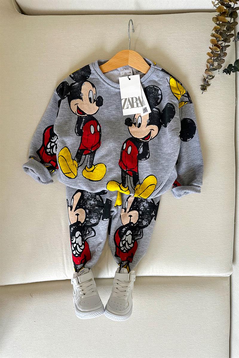 Beli Kemerli Mickey Baskılı Çocuk Eşofman Takımı Gri