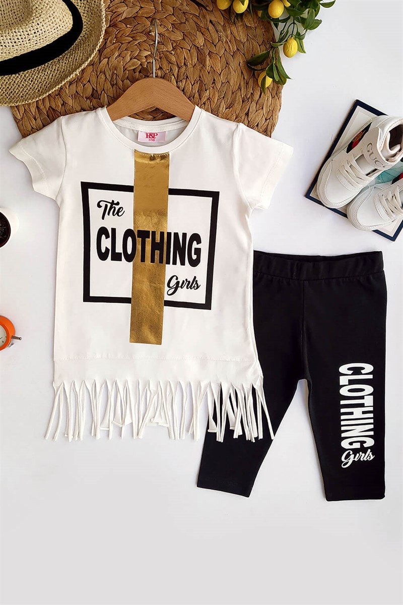 Clothing Baskılı Püsküllü Kız Çocuk Takım Beyaz Siyah