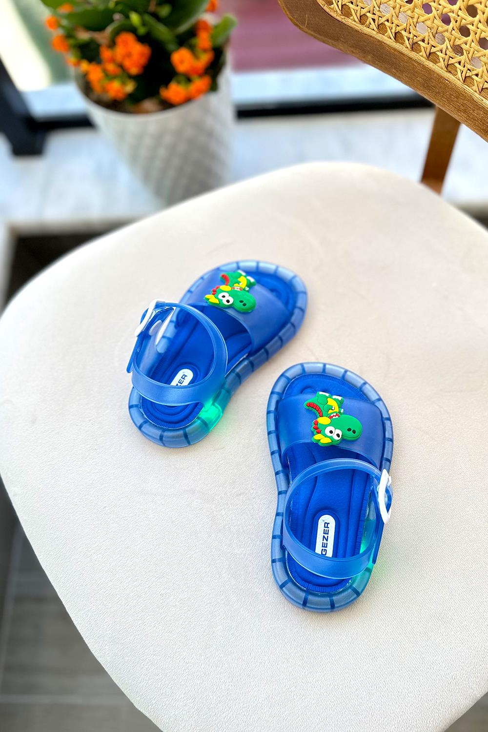 Dinazor Baskılı Işıklı Çocuk Sandalet Mavi Yeşil