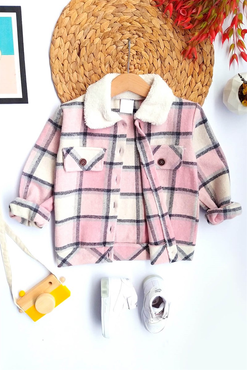 Ekose Desenli Yakası Peluş Çocuk Gömlek Pembe
