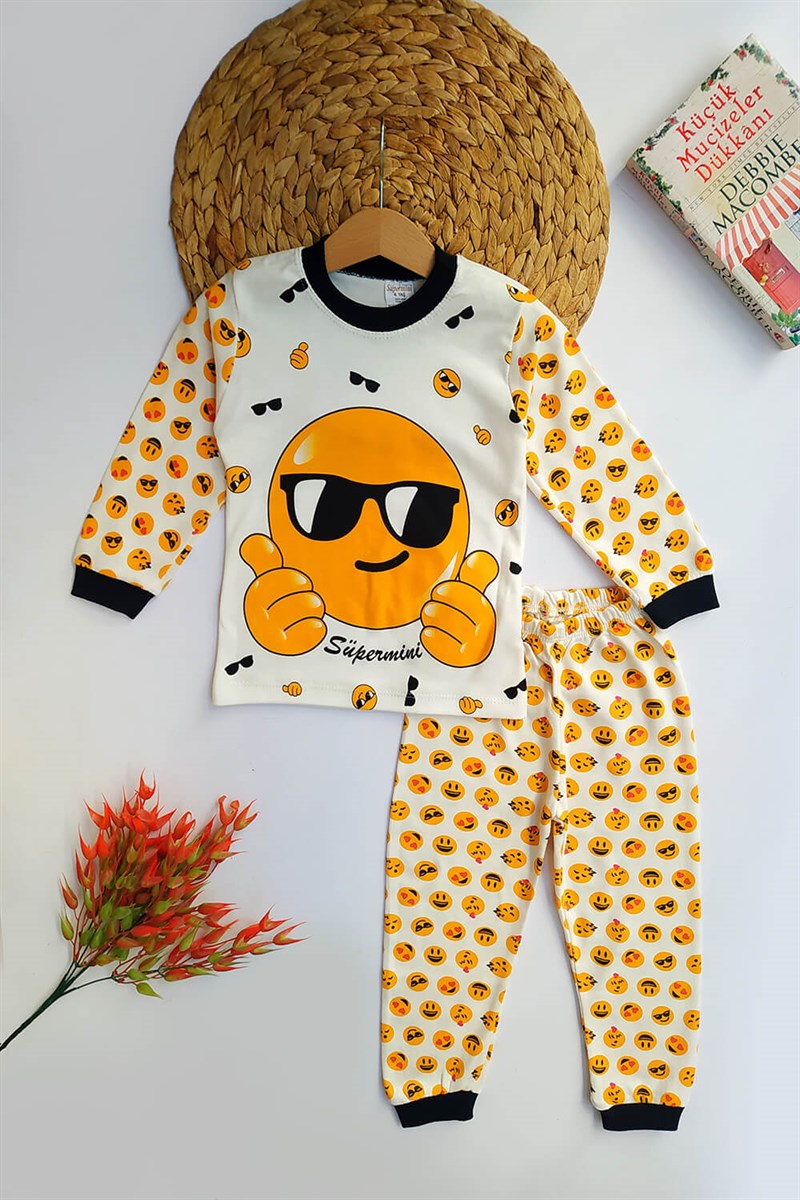 Emoji Baskılı Çocuk Pijama Takımı Beyaz Sarı