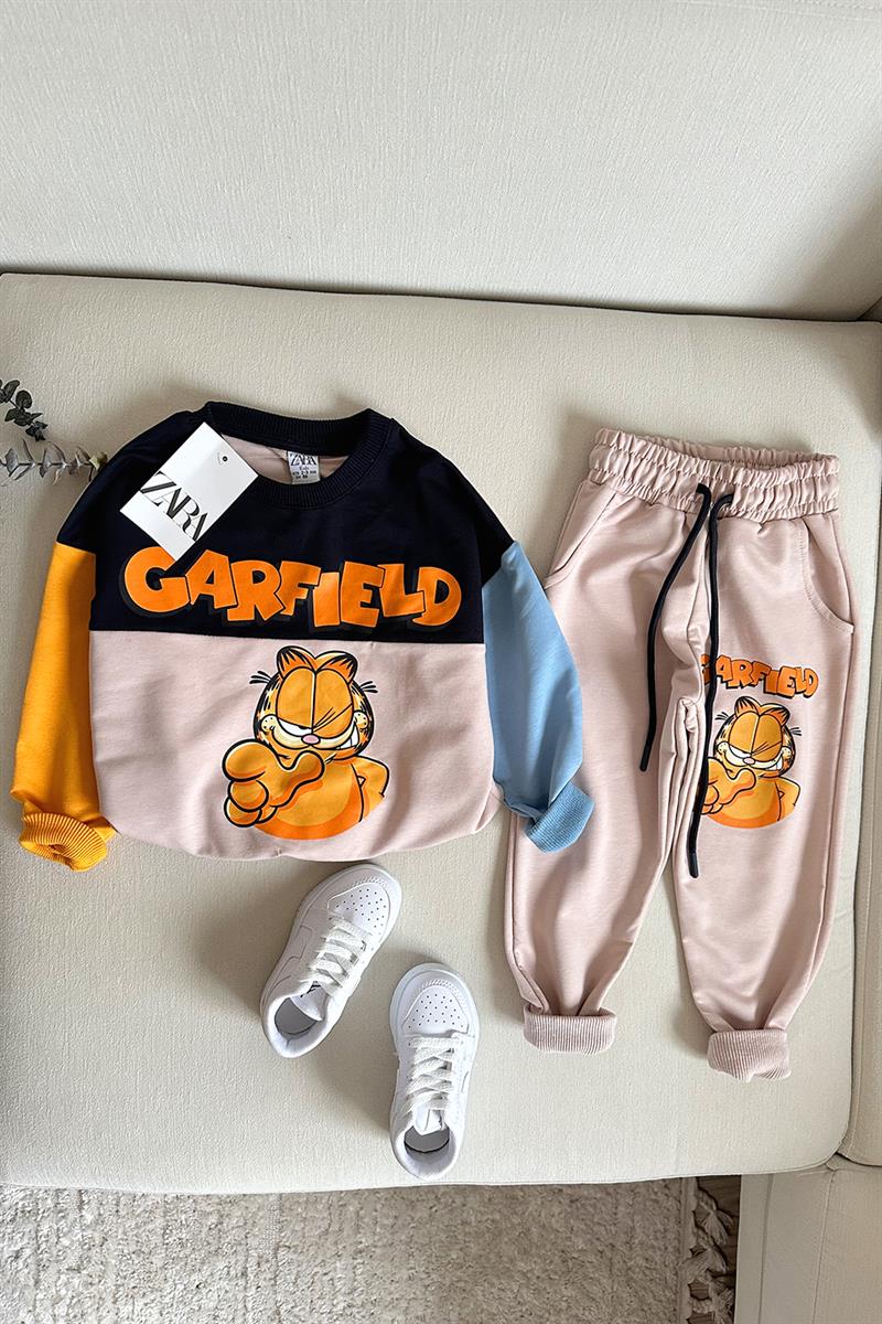 Garfield Yazı Baskılı Çocuk Eşofman Takımı Siyah Bej