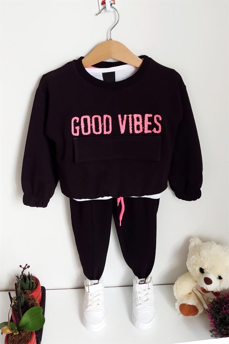 Good Vibes Baskılı Çocuk Eşofman Takımı Siyah Pembe