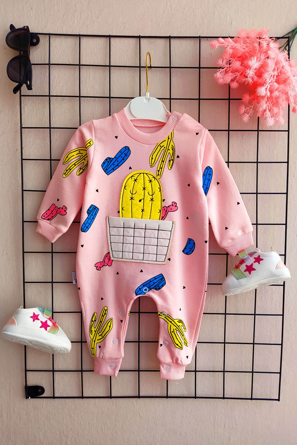 Kaktüs Nakışlı Bebek Tulum Pembe