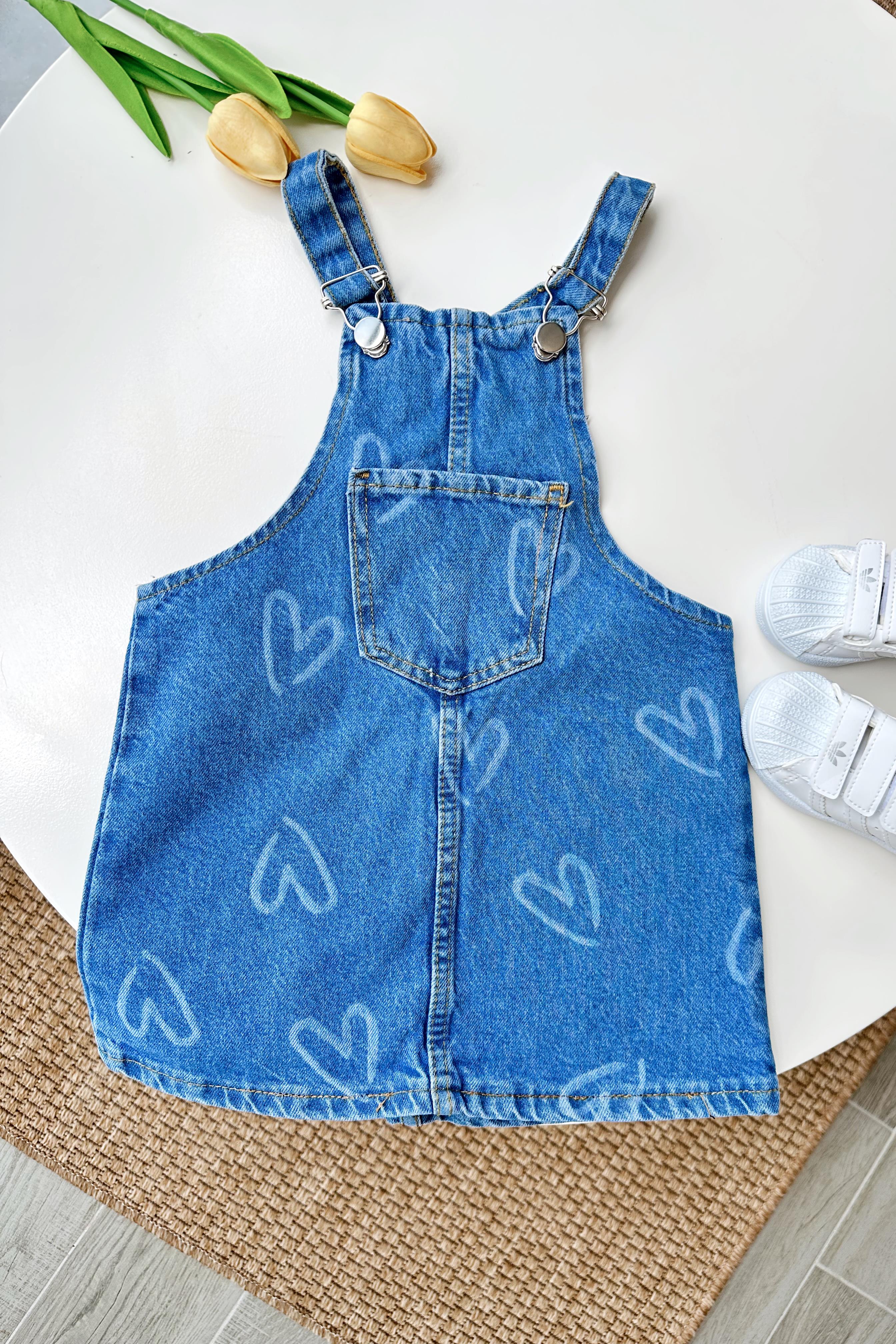 Kalp Baskılı Kız Çocuk Salopet Mavi