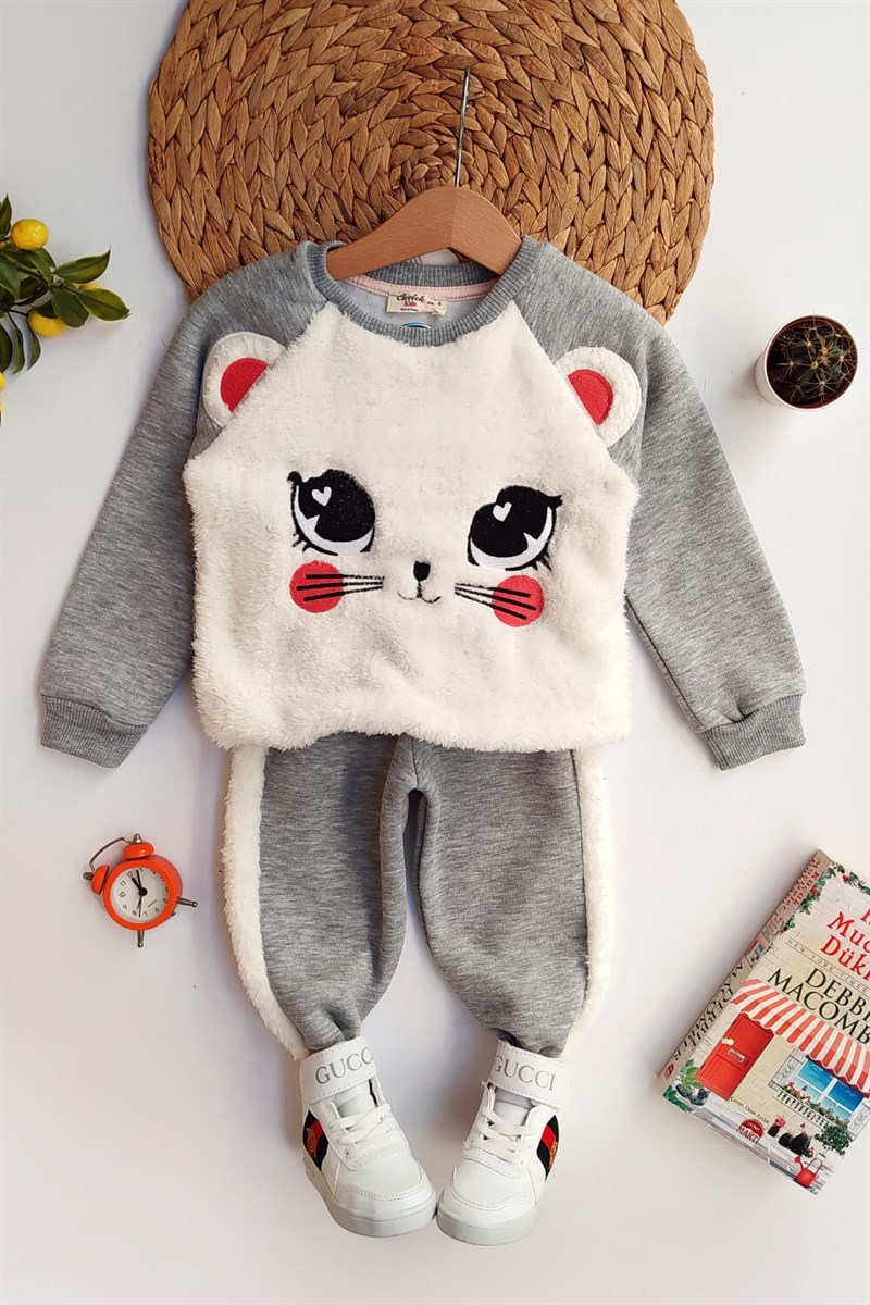 Kedi Baskılı Beyaz Peluş Kız Çocuk Takım