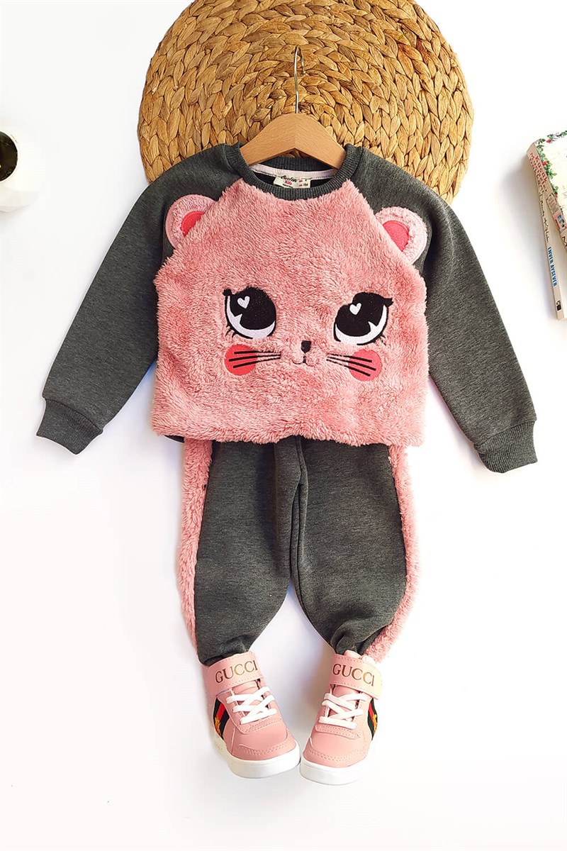 Kedi Baskılı Pembe Peluş Kız Çocuk Takım