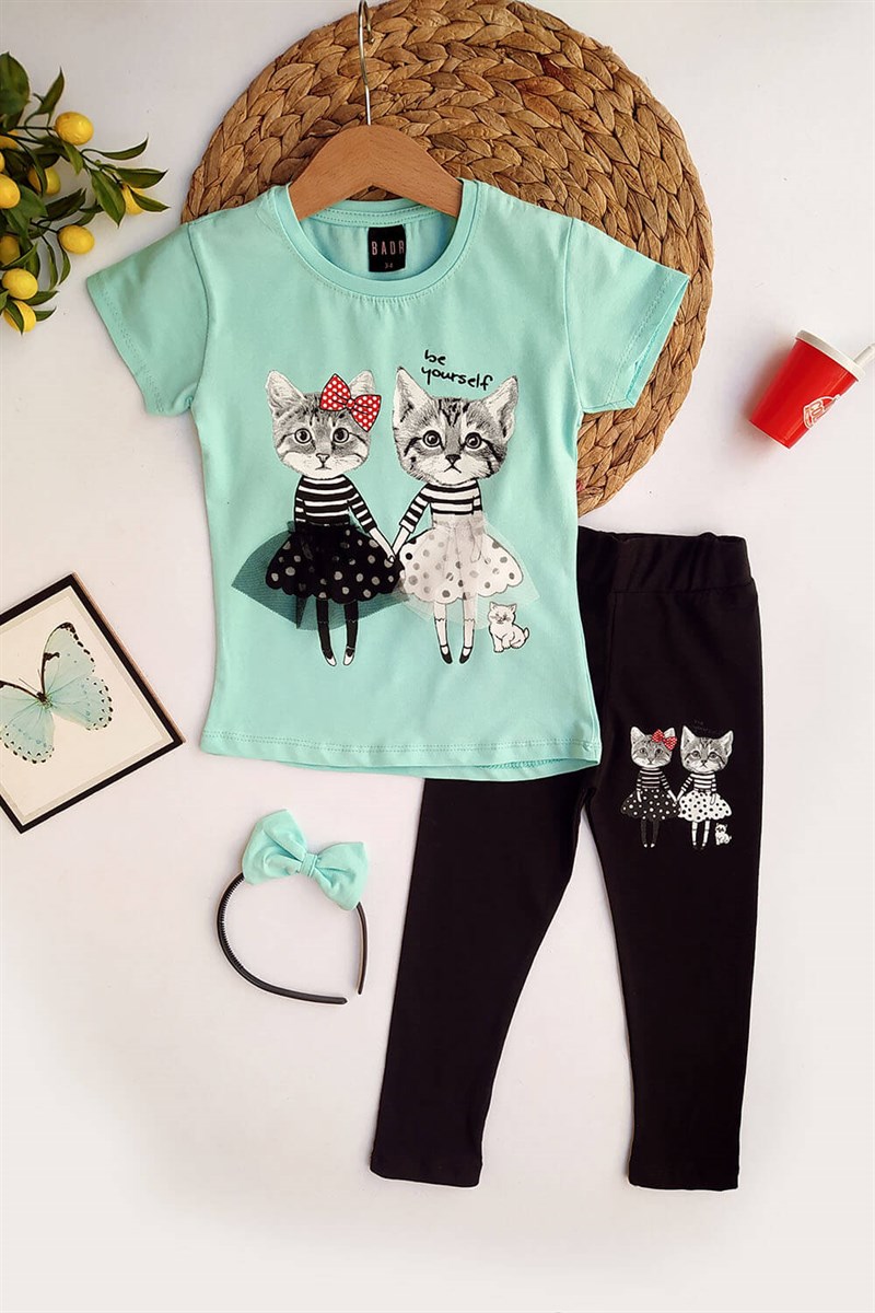 Kedi Baskılı Taçlı Kız Çocuk Taytlı Takım Yeşil Siyah