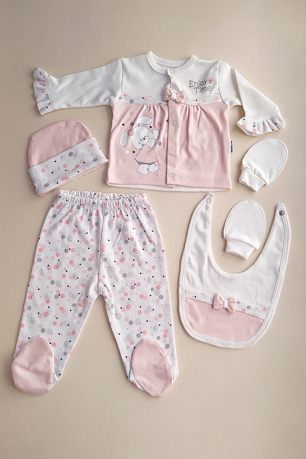 Kız Bebek Tavşan Baskılı 5'li Zıbın Set