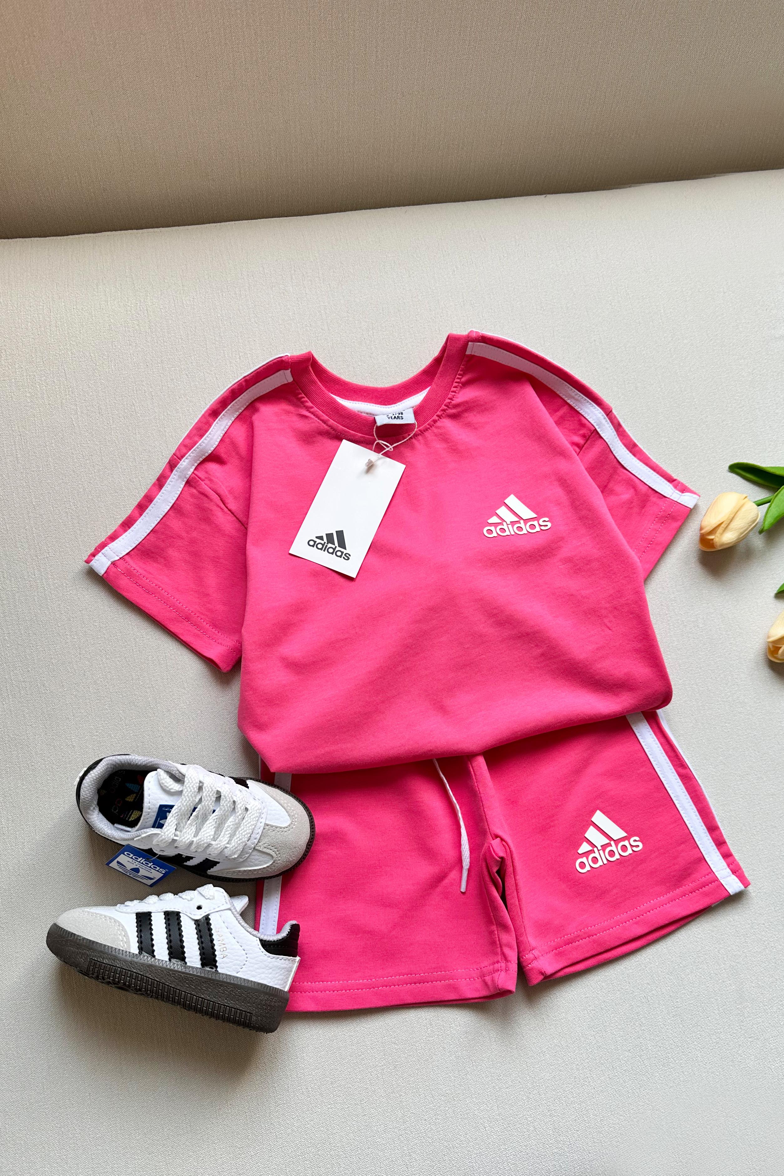 Kolları Çizgili Şortlu Çocuk Takım Pembe