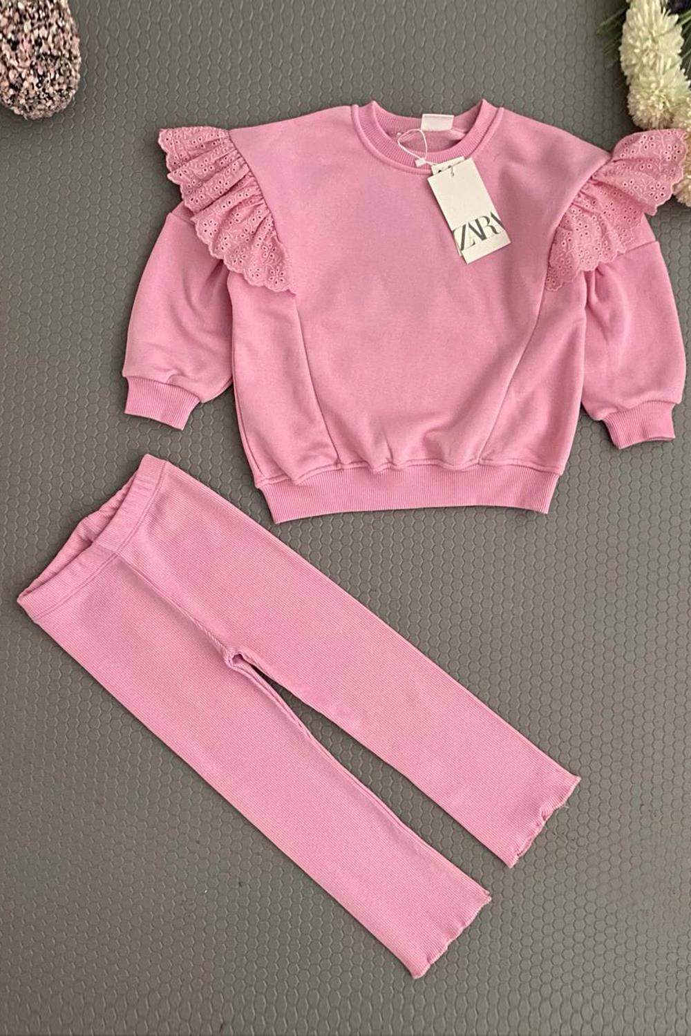 Kolu Fırfırlı Kız Çocuk Takım Pembe